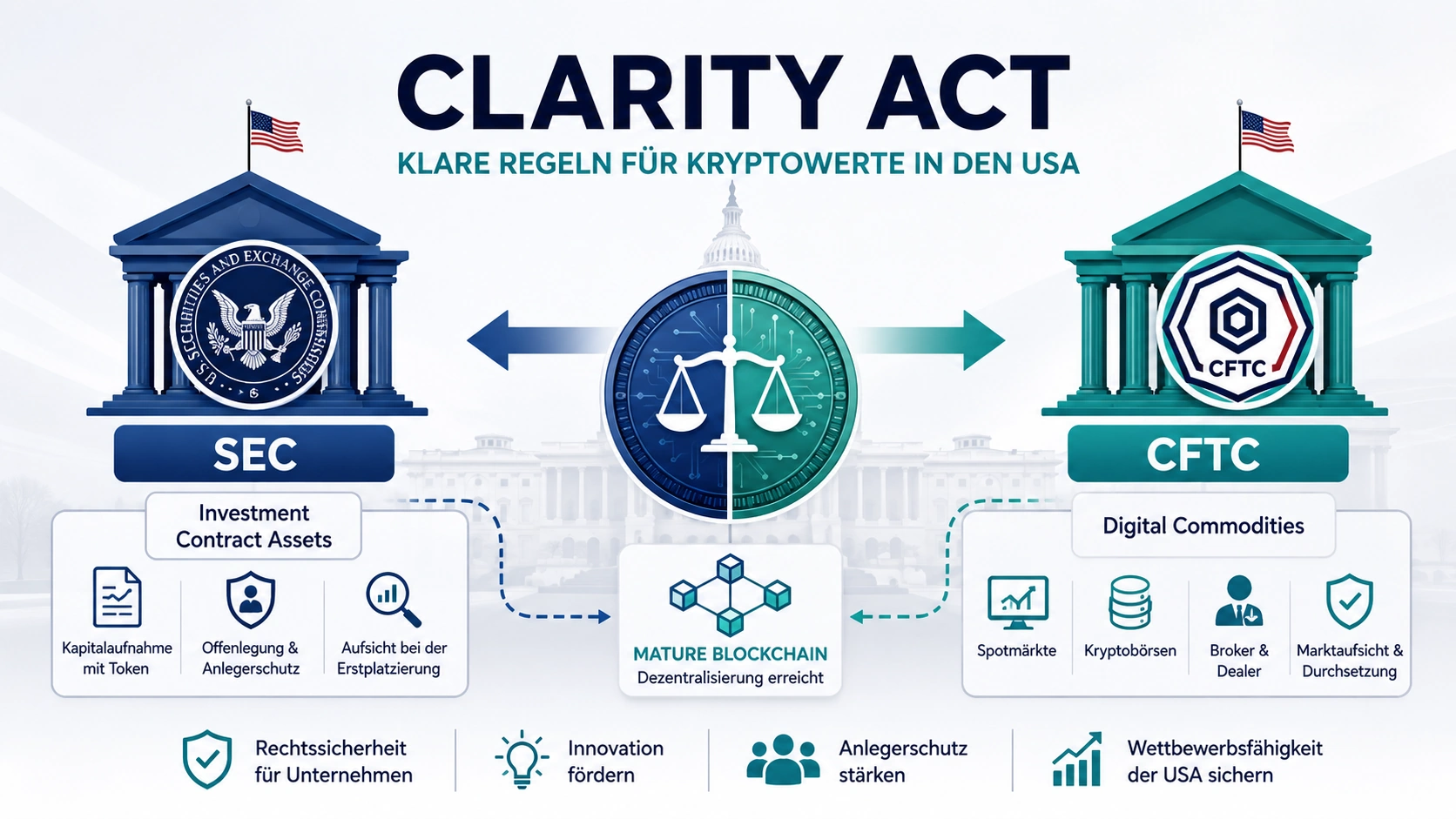 Infografik zum CLARITY Act in den USA mit Gegenüberstellung der Zuständigkeiten von SEC und CFTC sowie Darstellung des Übergangs von Investment Contract Assets zu Digital Commodities über eine dezentralisierte Blockchain.