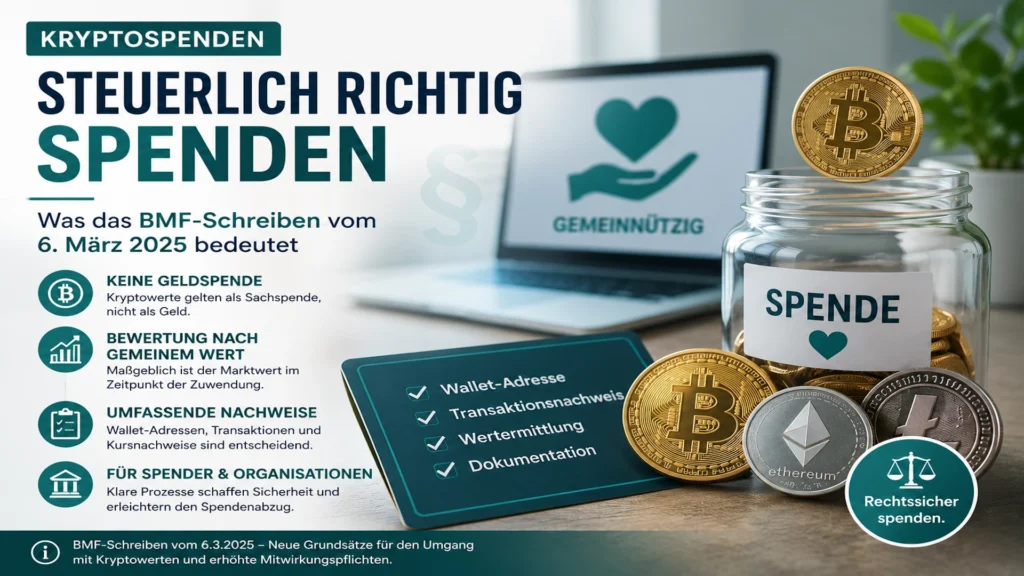 Infografik zur steuerlichen Behandlung von Kryptospenden nach dem BMF-Schreiben vom 6. März 2025 mit Bitcoin, Ethereum und einer Spendenbox.