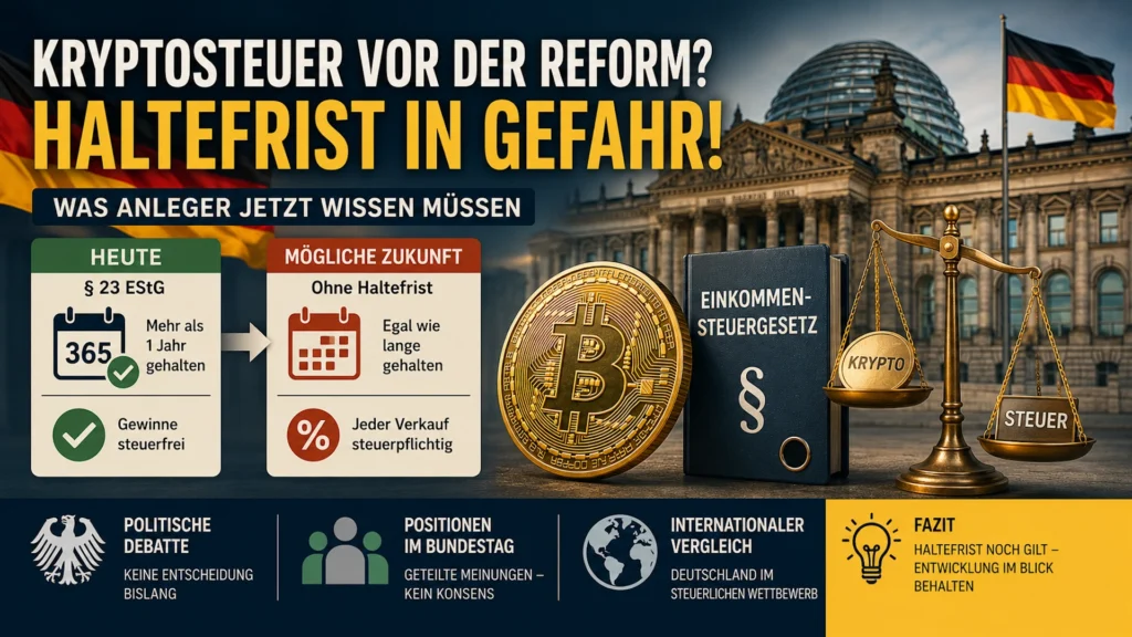 Erklärbild zur Krypto-Haltefrist mit Vergleich zwischen der aktuellen Regelung nach § 23 EStG und einer möglichen Reform.