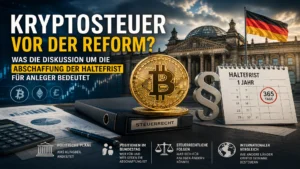 Bitcoin, Bundestag und Kalender zur Diskussion über die Abschaffung der einjährigen Krypto-Haltefrist in Deutschland.